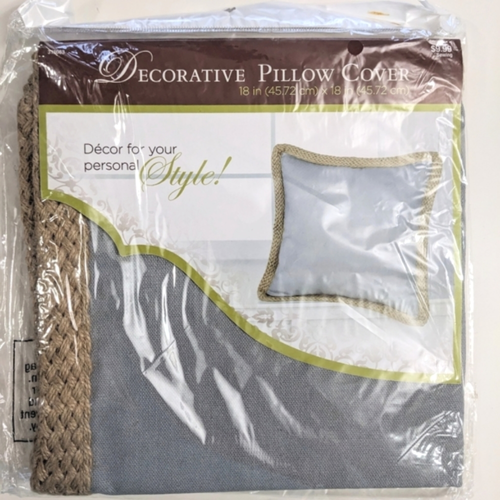 Decorative Pillow Cover (2), Jute trim and zipper back, Gray, 18x18.